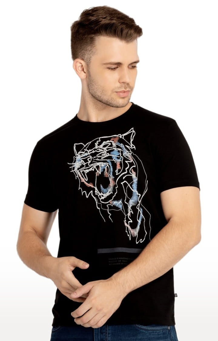 Men's Black Cotton Graphic Printed Regular T-Shirt