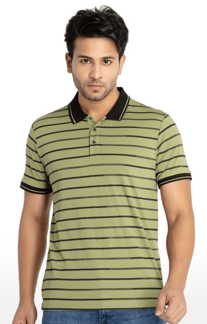 Status Quo | Men's Green Cotton Striped Polo T-Shirts