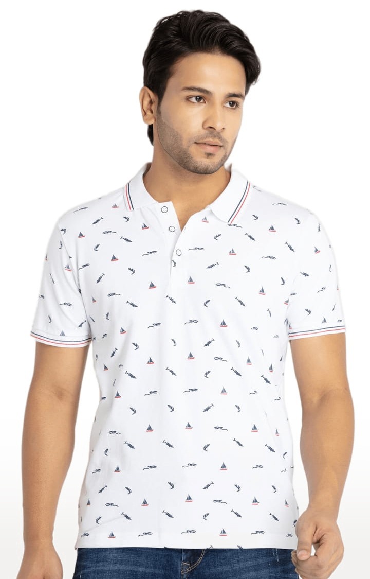 Status Quo | Men's White Cotton Printeded Polo T-Shirts