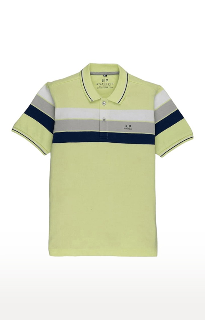 Boys Green Polycotton Striped Polo T-Shirts