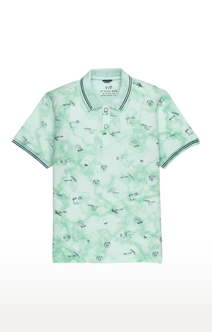 Boys Green Cotton Printeded Polo T-Shirts