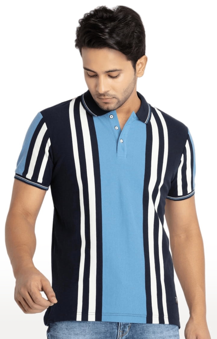 Men's Blue Cotton Striped Polo T-Shirts