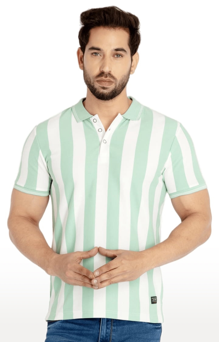 Men's Green and White Polycotton Striped Polo T-Shirts