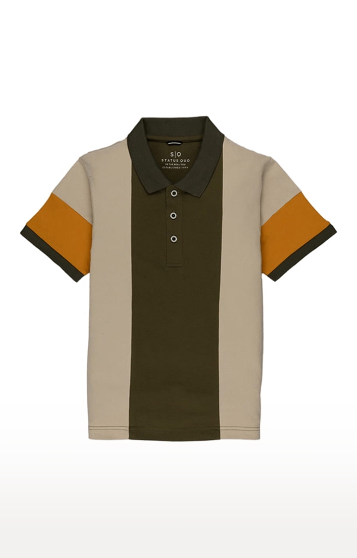 Boys Olive Green and Beige Cotton Colourblock Polo T-Shirts