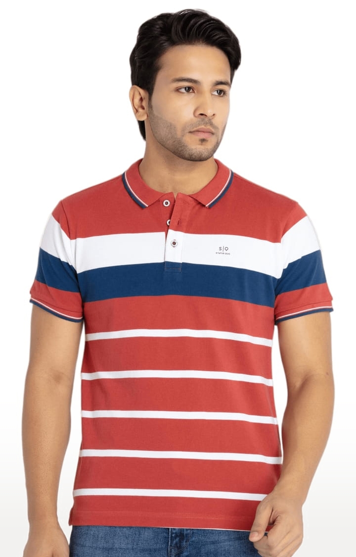 Status Quo | Men's Red Cotton Striped Polo T-Shirts