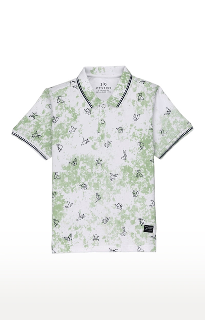 Boys White and Green Cotton Printeded Polo T-Shirts
