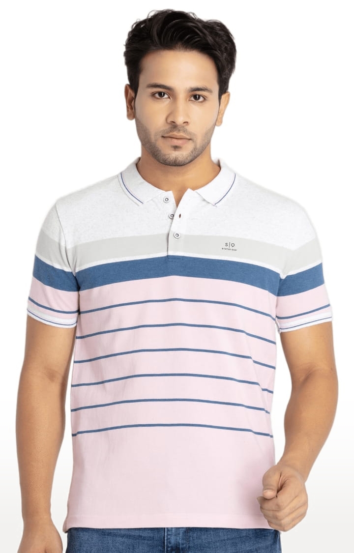 Status Quo | Men's Pink Cotton Striped Polo T-Shirts