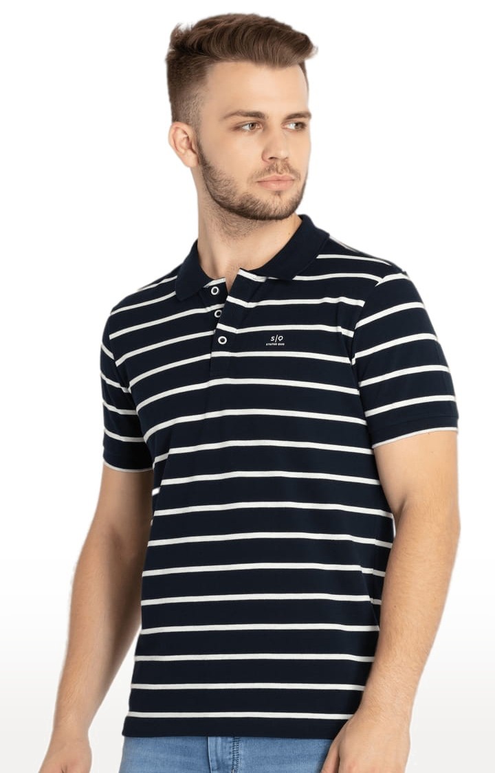 Status Quo | Men's Blue Cotton Striped Polo T-Shirts