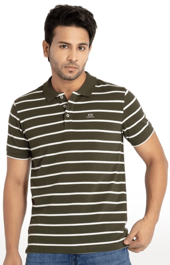 Status Quo | Men's Olive Green Cotton Striped Polo T-Shirts