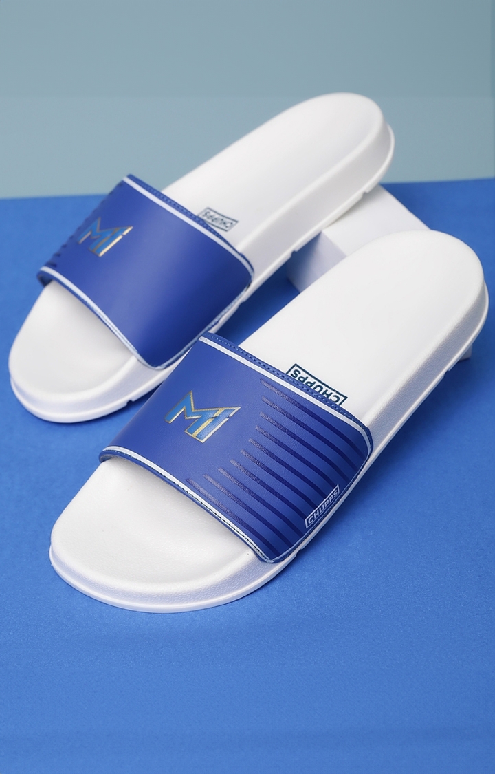 Men's White & Blue Mi: Official Slider Flip Flops