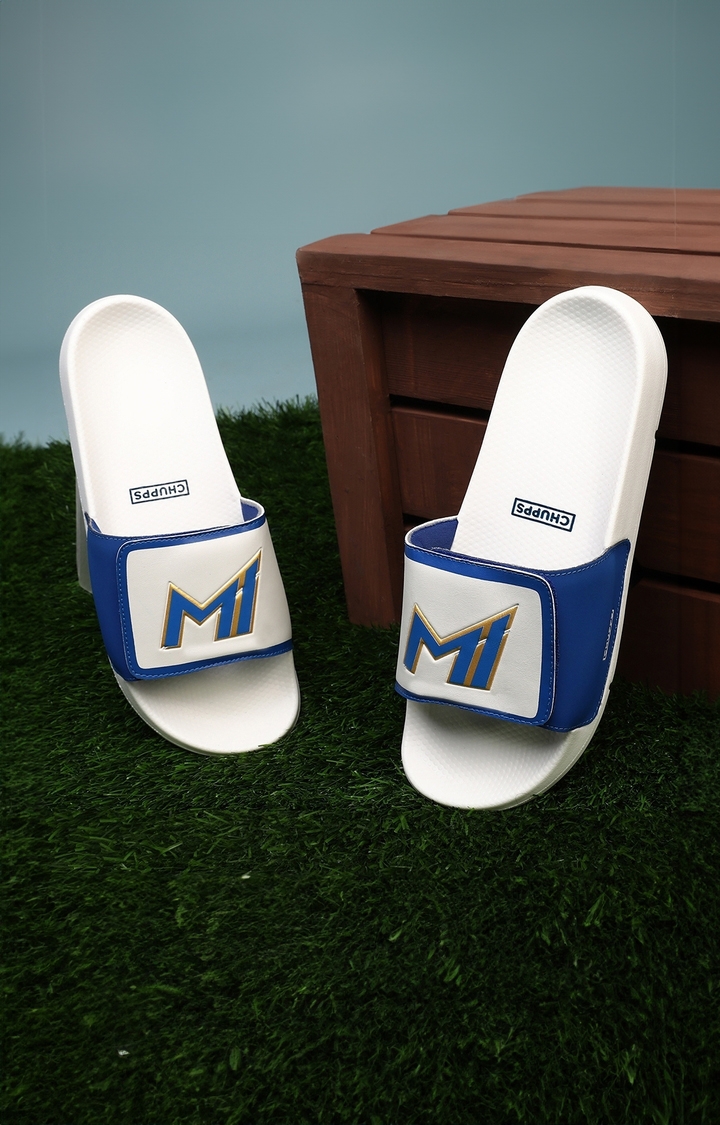 Men's White & Blue Mi: Official Velcro Slider Flip Flops