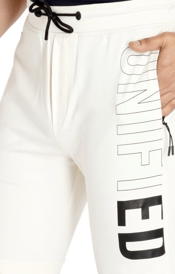 Men's Off White Cotton Printed Activewear Short