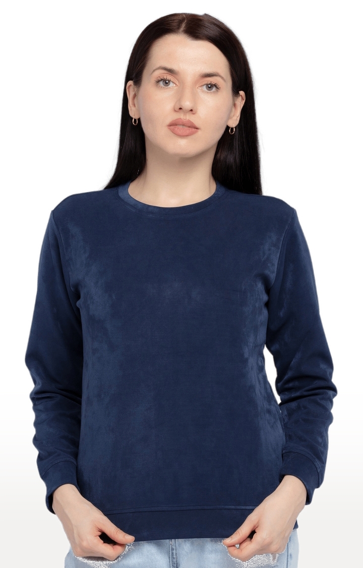 Women's Blue Nylon Solid Sweatshirts