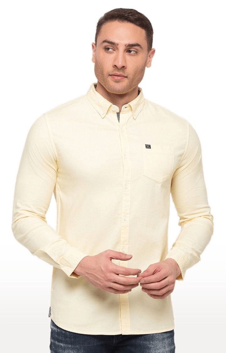 Men's Yellow Cotton Solid Casual Shirts