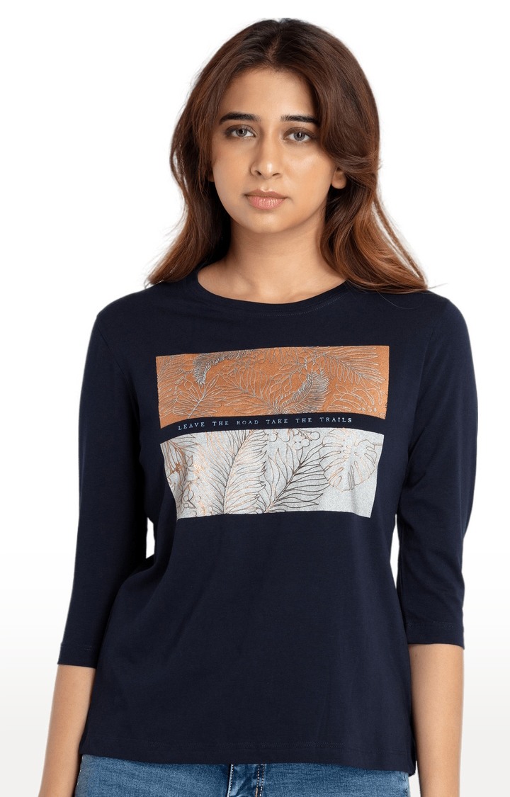 Women's Navy Blue Cotton Printeded Regular T-Shirt