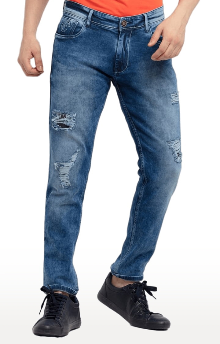 Status Quo | Men's Blue Cotton Ripped Ripped Jeans