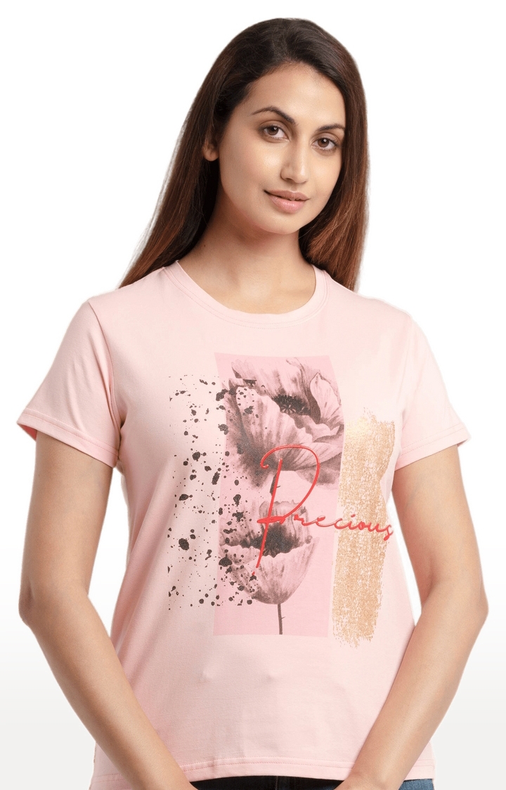 Women's Pink Cotton Floral Regular T-Shirt