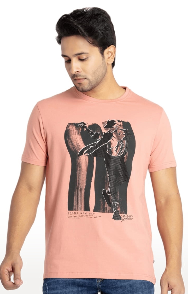 Men's Pink Cotton Printeded Regular T-Shirt