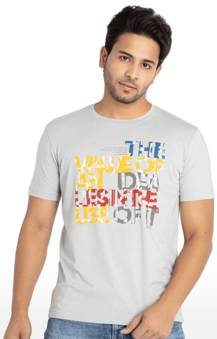 Status Quo | Men's Grey Cotton Typographic Printed Regular T-Shirt