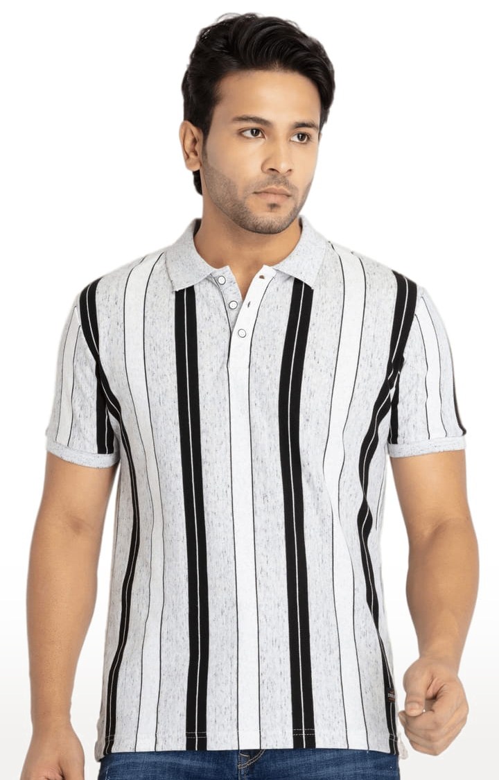 Status Quo | Men's Grey Cotton Striped Polo T-Shirts