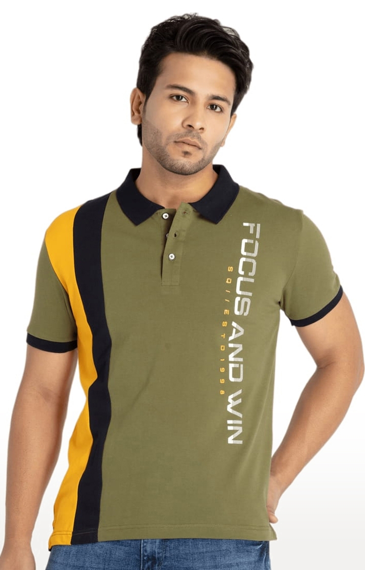 Status Quo | Men's Olive Green Cotton Typographic Printed Polo T-Shirts