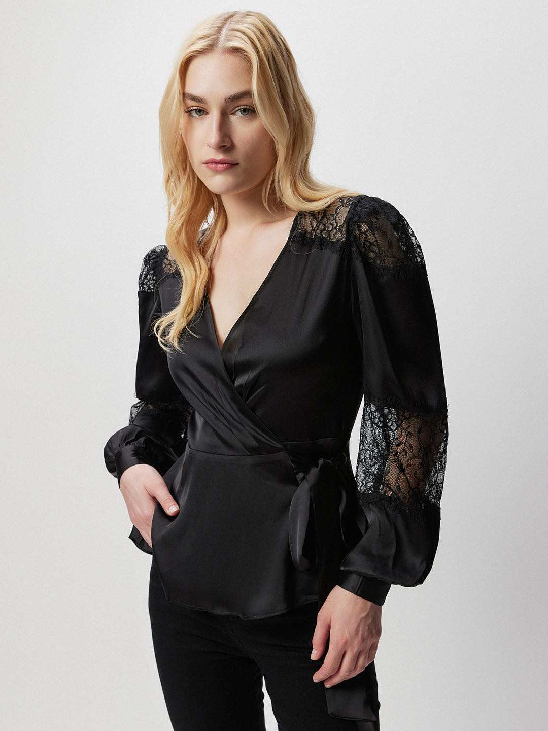 Black Sleeve Lace Wrap Top