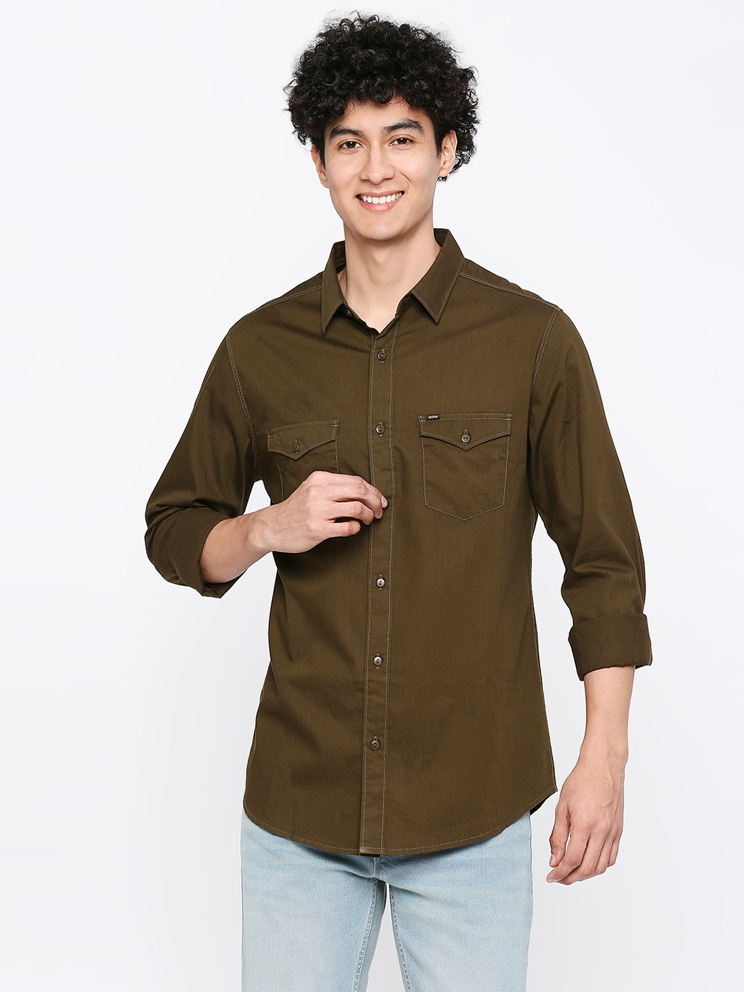 spykar | Spykar Men Military Green Cotton Slim Fit Plain Shirt