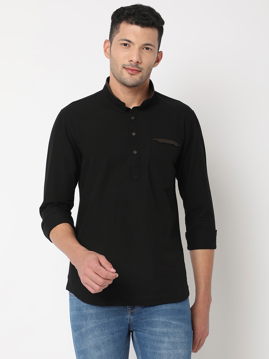 Spykar Men Black Cotton Linen Slim Fit Mandarin Collar Plain Kurta