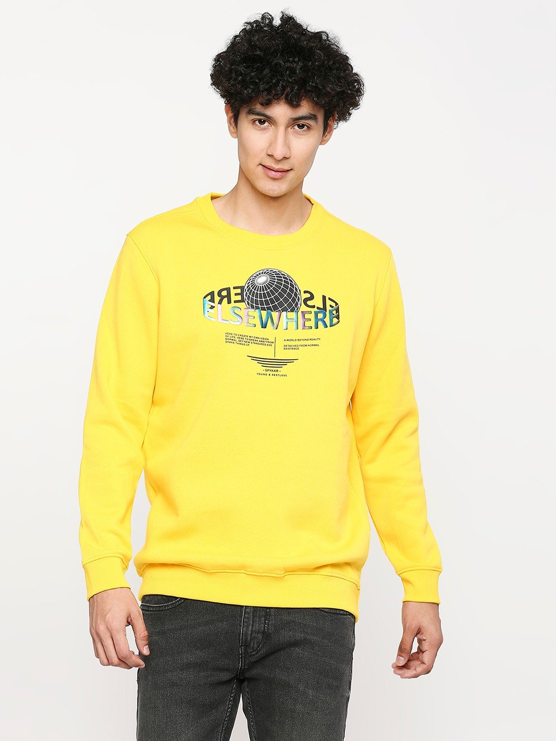 spykar | Spykar Chrome Yellow Cotton Full Sleeve Round Neck Sweatshirt For Men