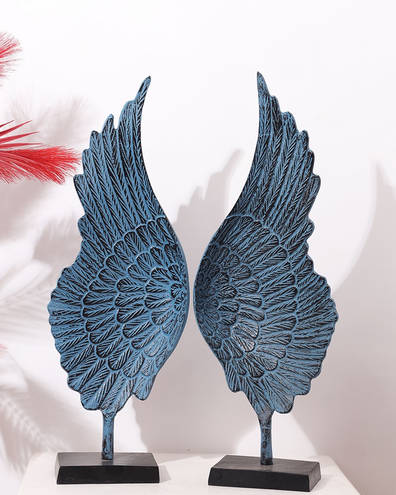 Order Happiness Metal Blue Color Angel Wings Table Top Showpiece (Pack Of 2) For Home Decoration