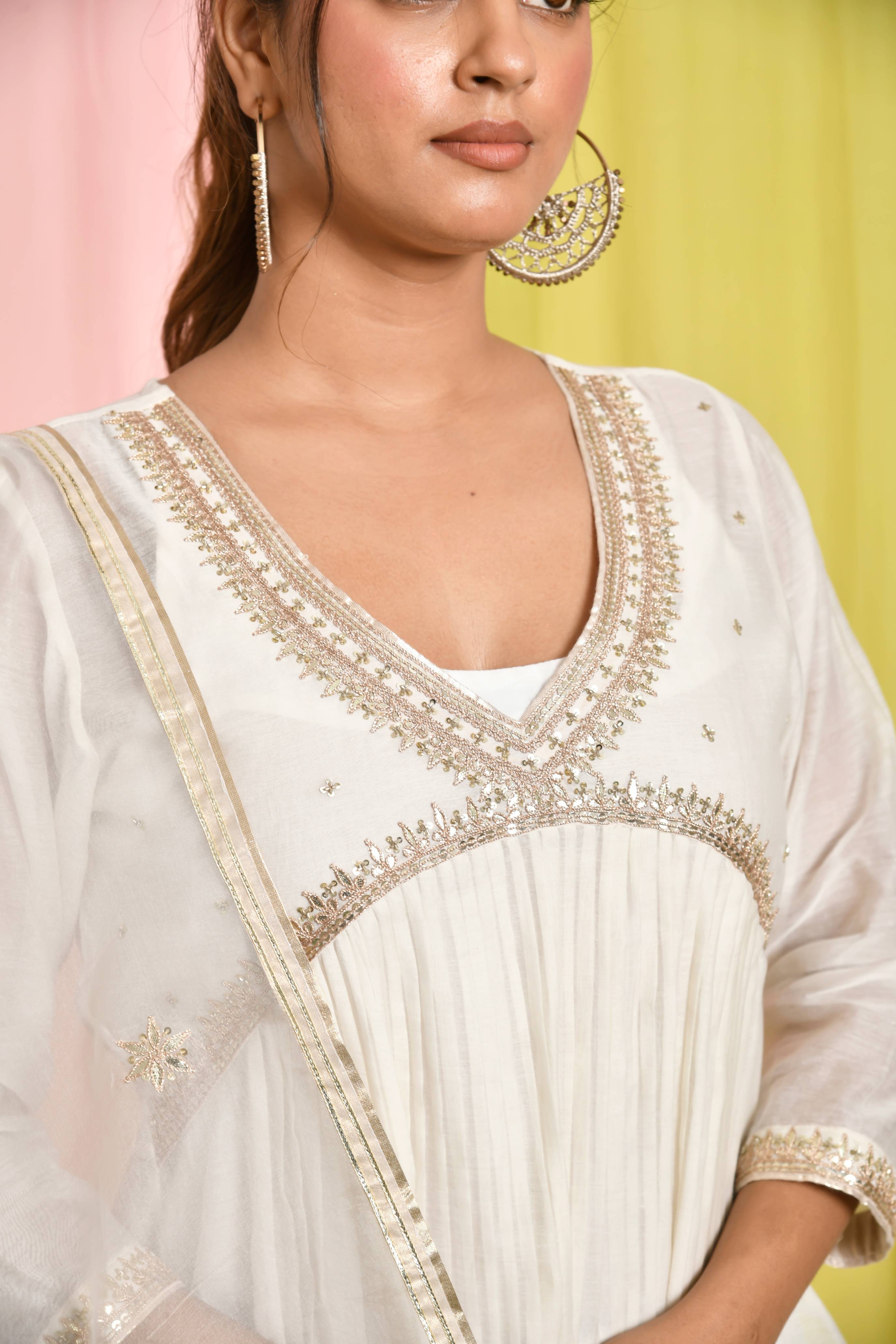White V-Neck Chanderi Dress With Side Slit & Pleats
