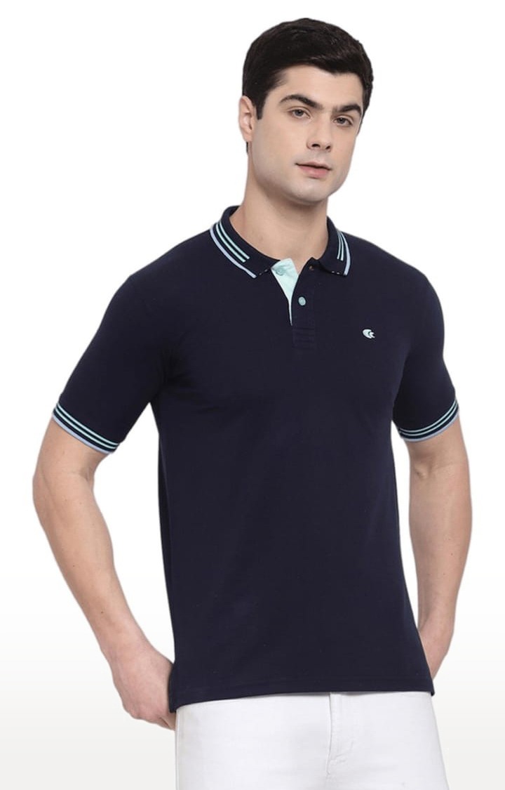 Men's Blue Cotton Solid Polo T-Shirt