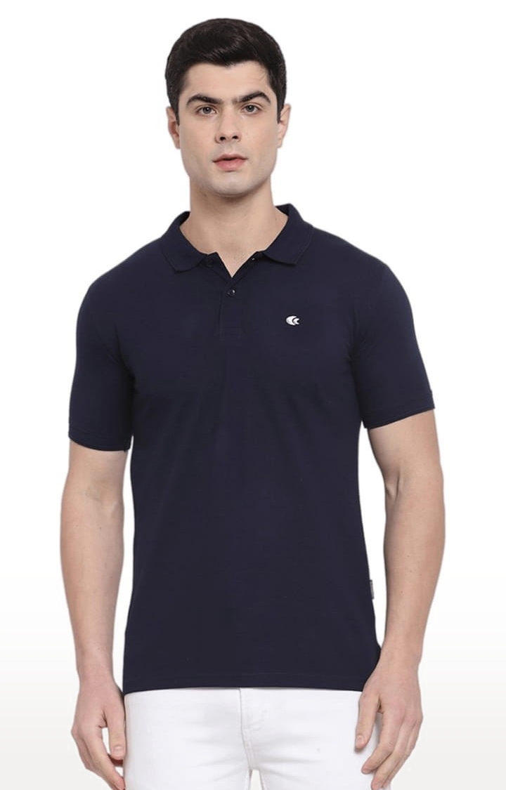 Men's Blue Cotton Solid Polo T-Shirt