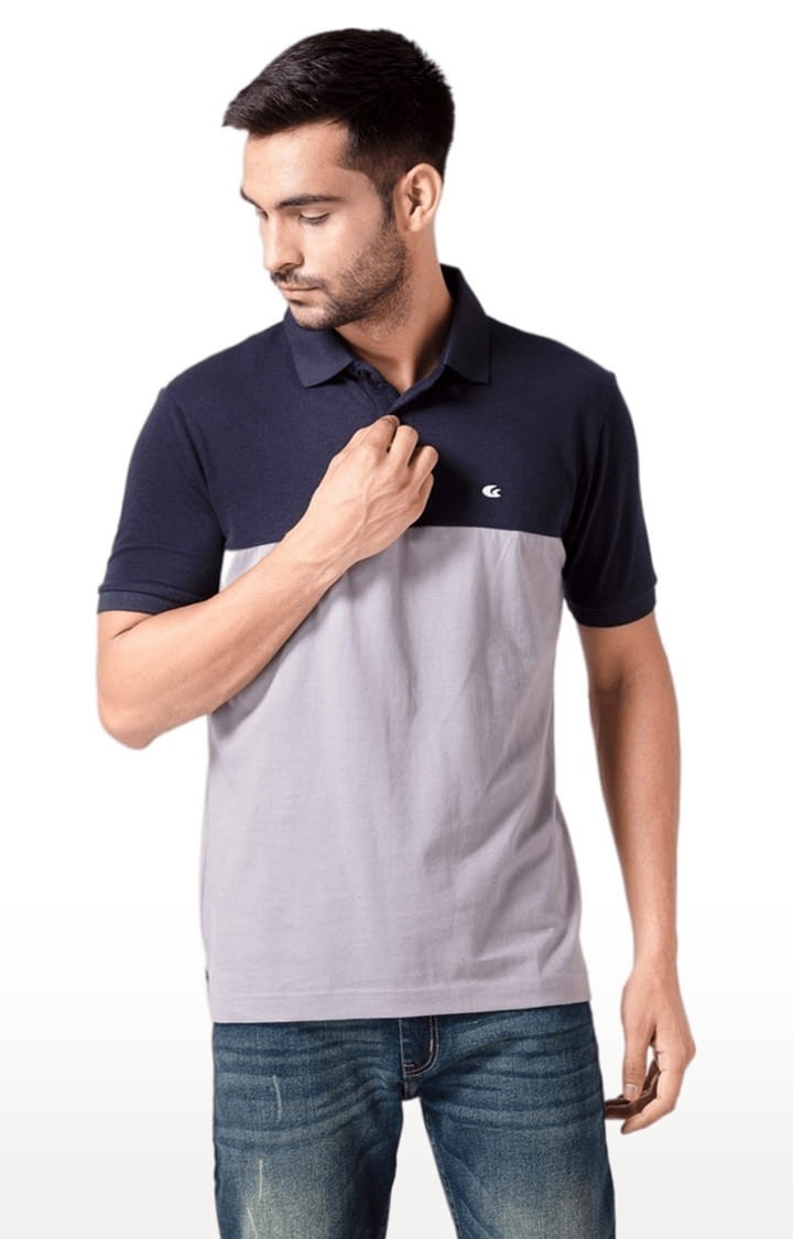 Men's Navy & Grey Cotton Colourblock Polo T-Shirt