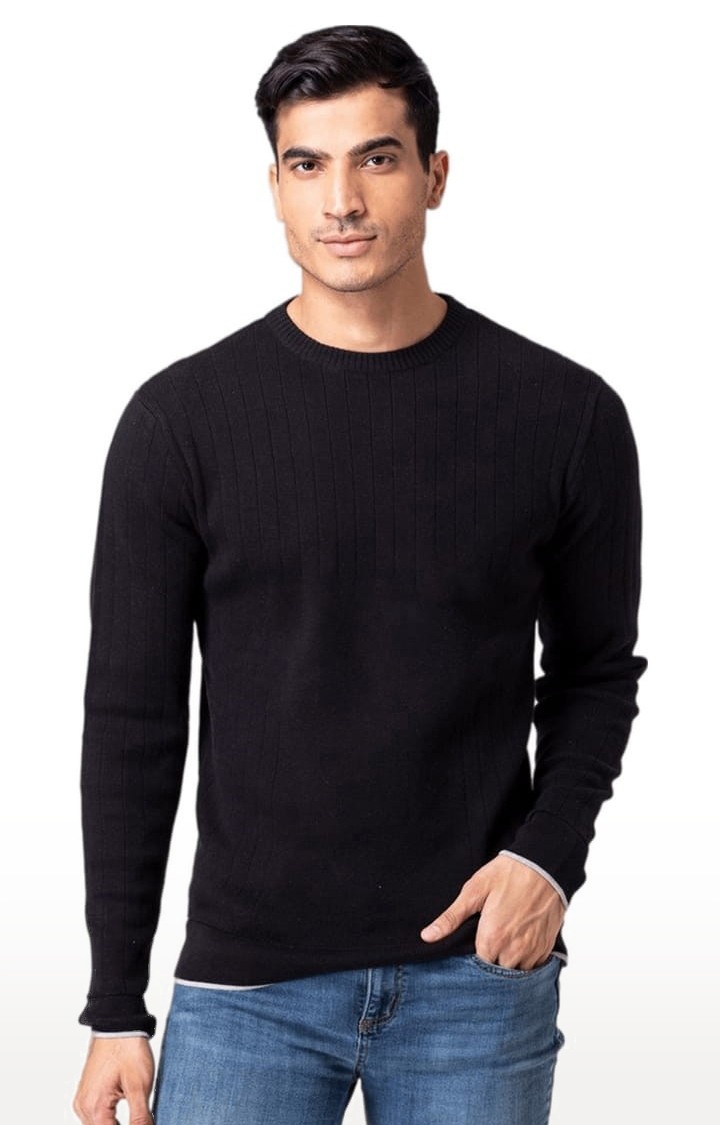 Men's Black Cotton Striped Sweater