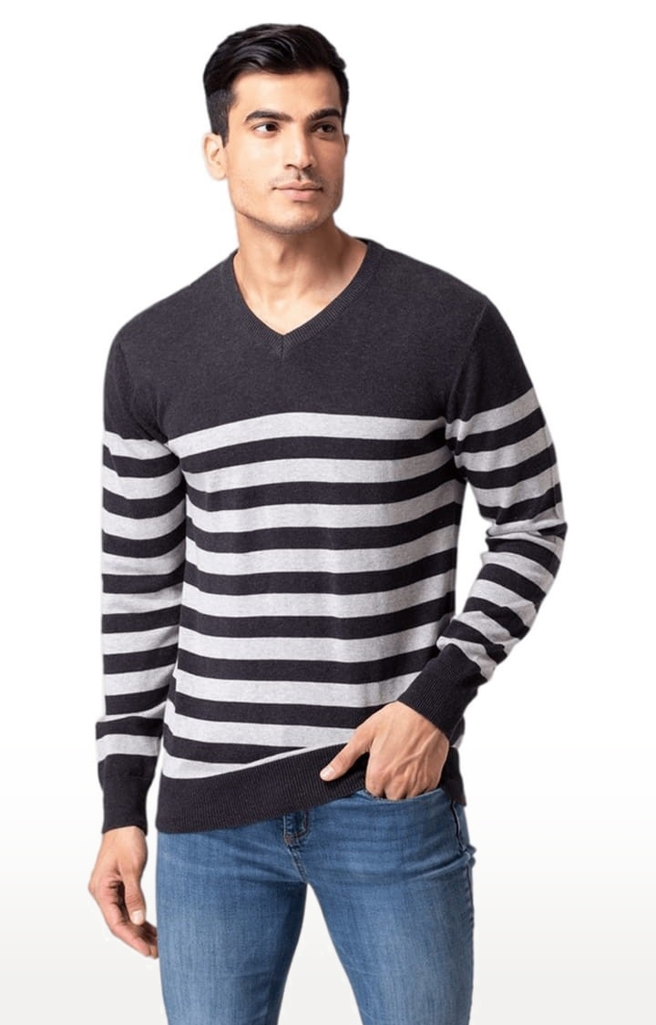 Men's Black Cotton Striped Sweater
