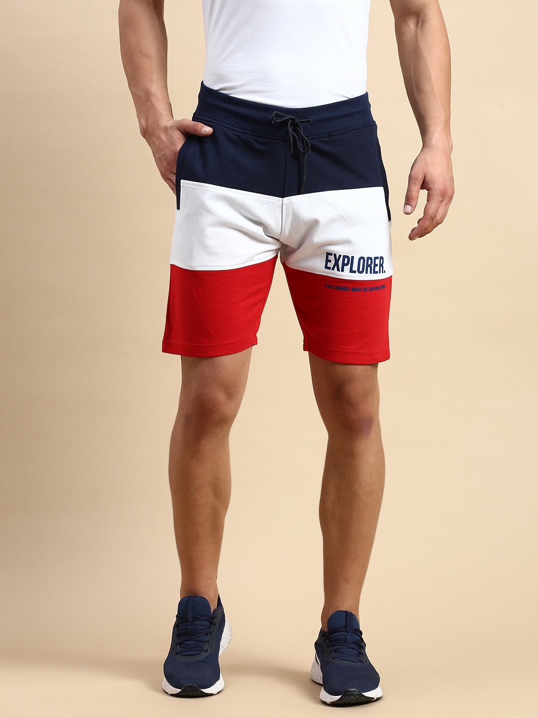 Showoff | SHOWOFF Men's Knee Length Colourblocked Navy Blue Mid-Rise Regular Shorts