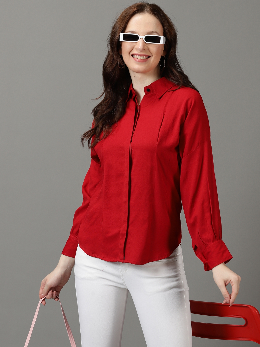 SHOWOFF Women's Spread Collar Solid Long Sleeves Red Shirt