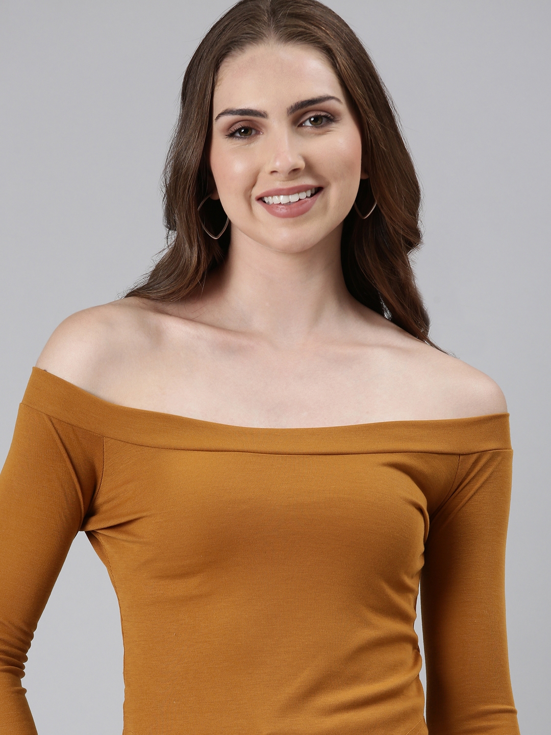 SHOWOFF Women's Off-Shoulder Regular Sleeves Solid Mustard Crop Top