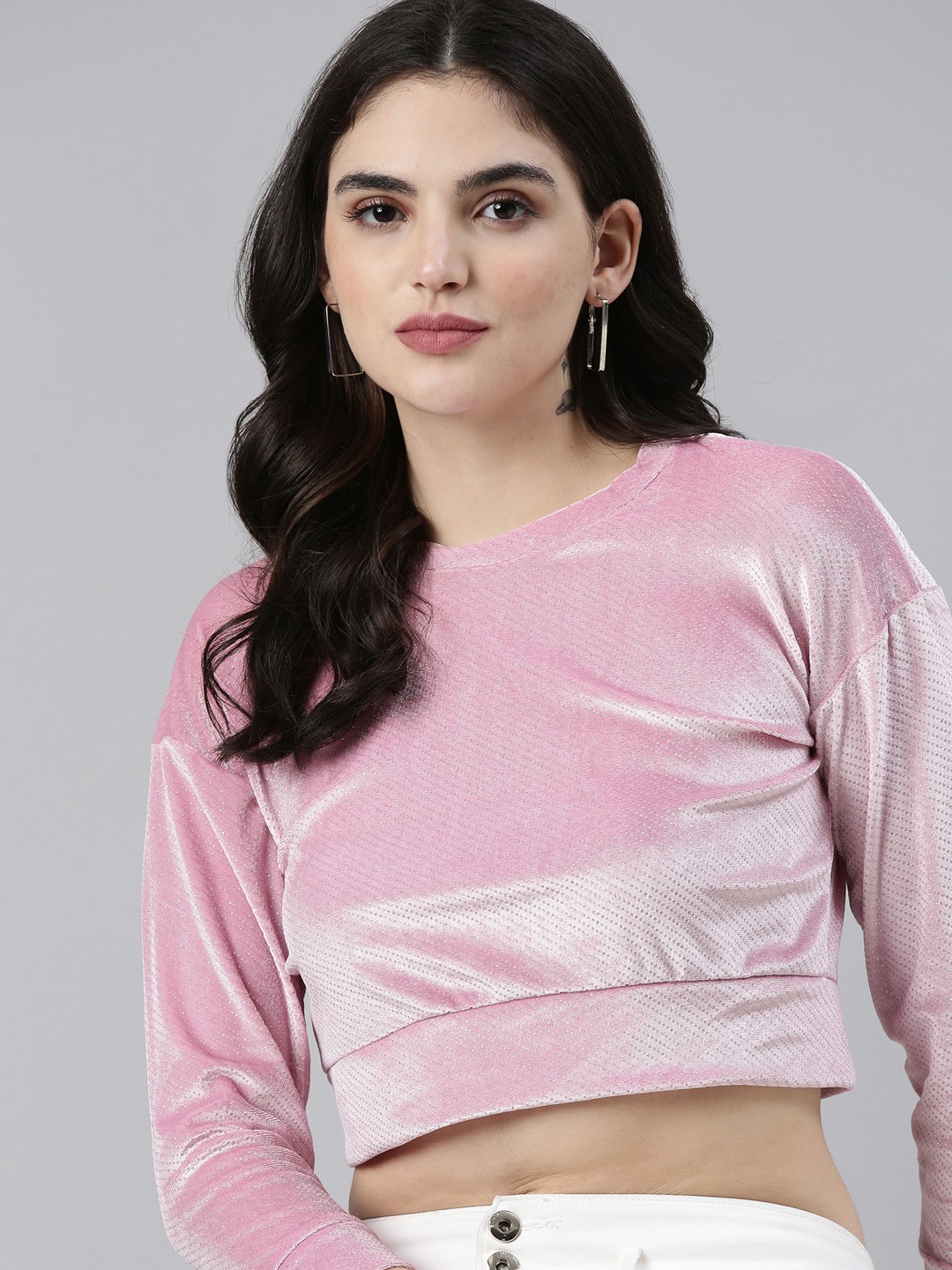 SHOWOFF Women's Round Neck Regular Sleeves Embellished Pink Crop Top