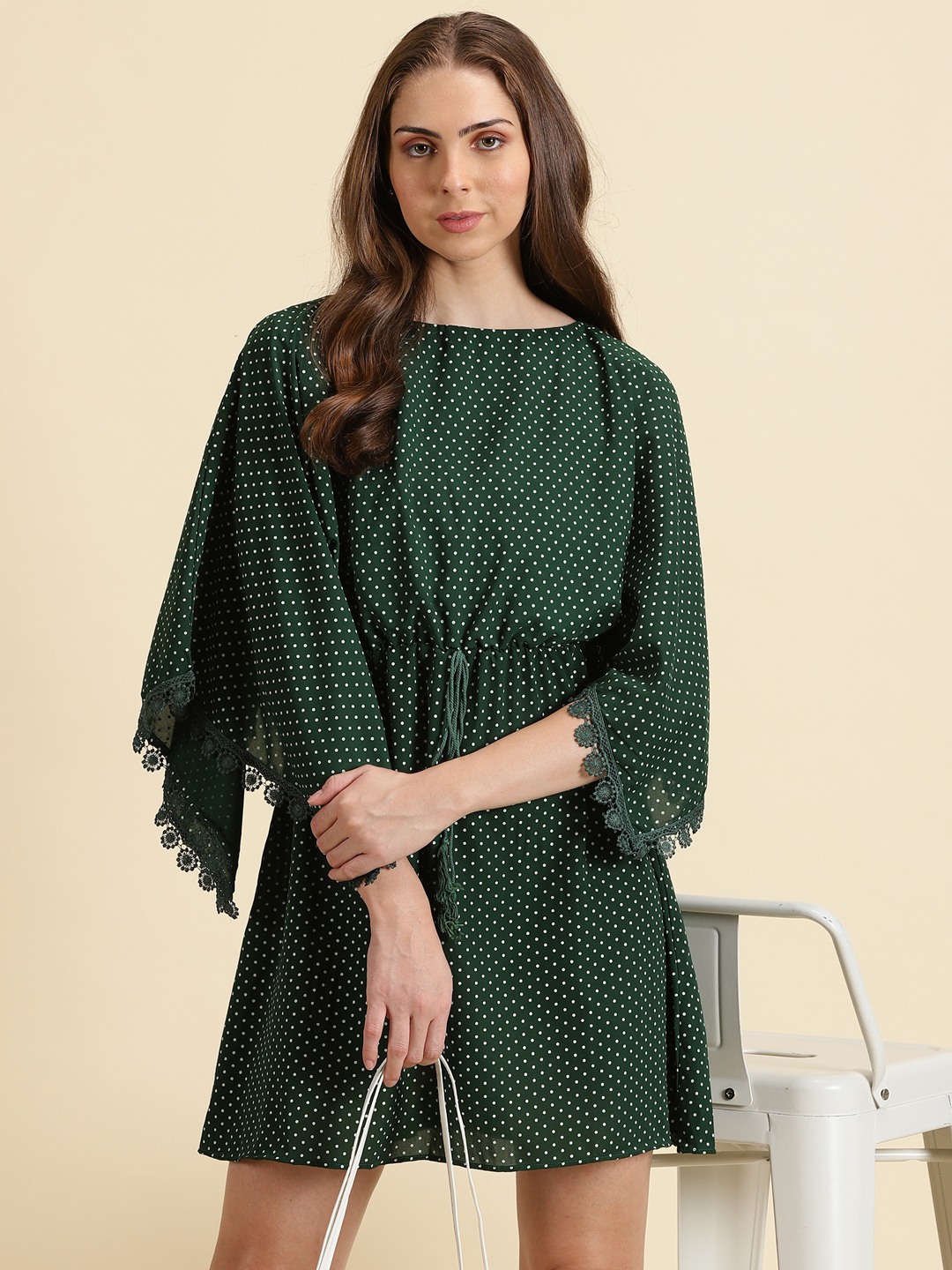 SHOWOFF Women's Printed Green Boat Neck Fit and Flare Dress