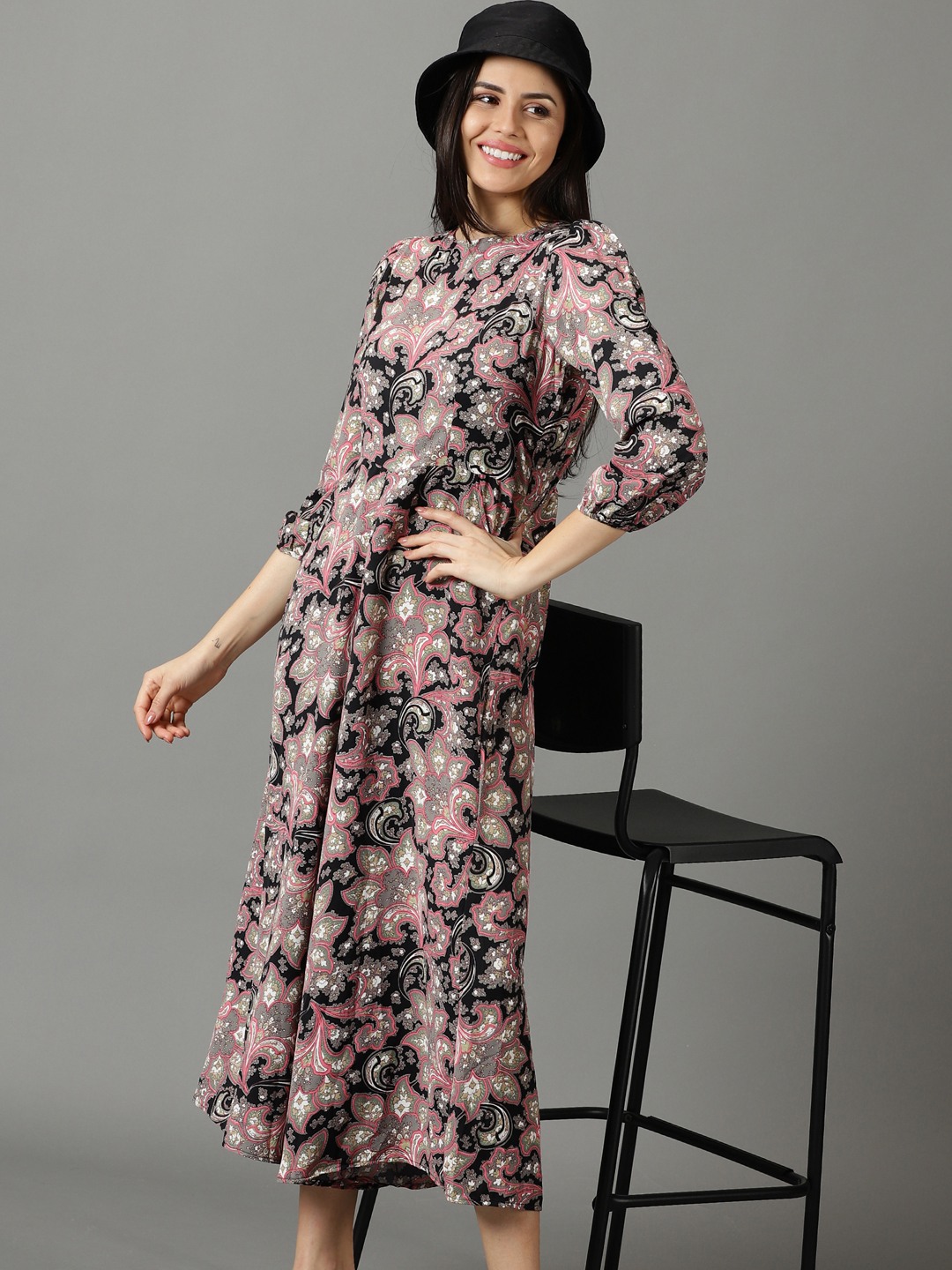 SHOWOFF Women's Round Neck Printed Black Jumpsuit