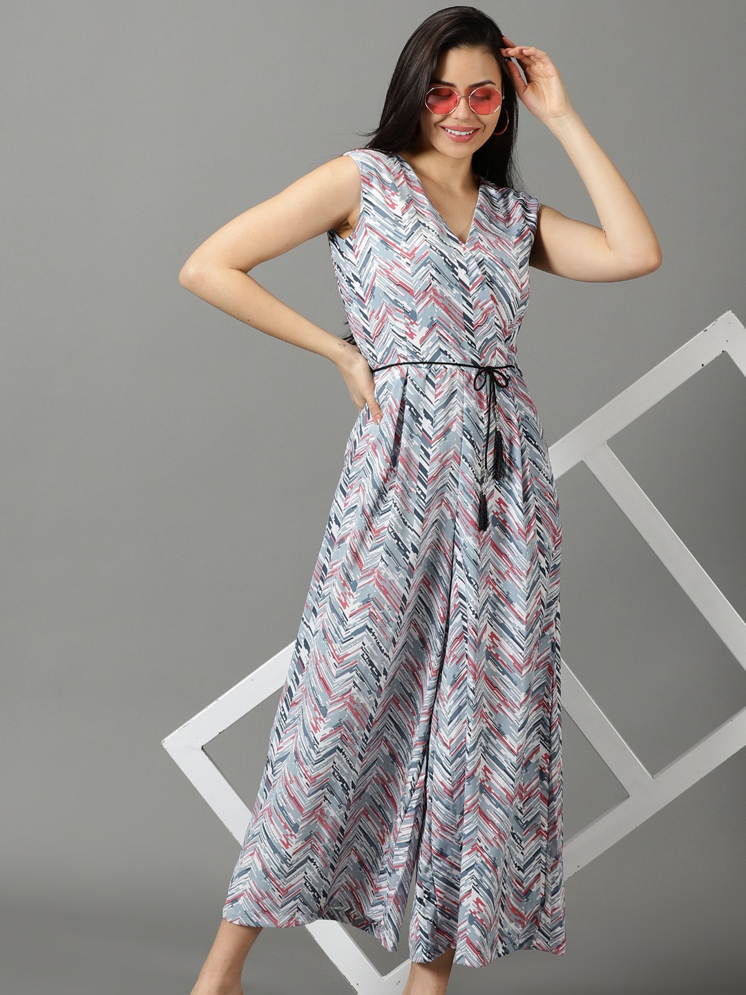 SHOWOFF Women's V-Neck Printed Grey Jumpsuit