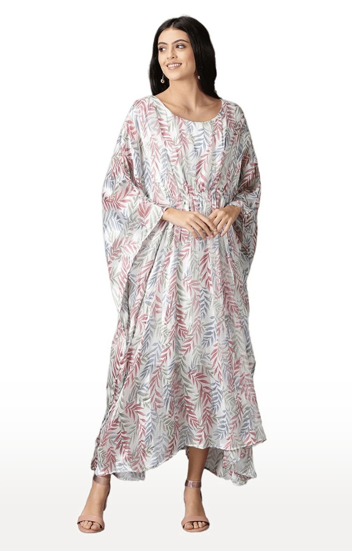 SHOWOFF Women's Printed Round Neck White Maxi Dress