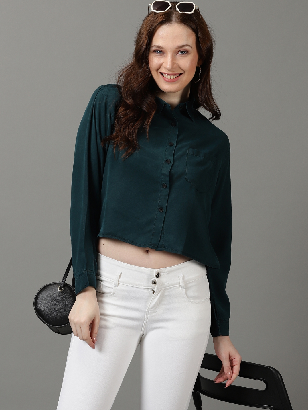 SHOWOFF Women's Spread Collar Solid Long Sleeves Teal Shirt