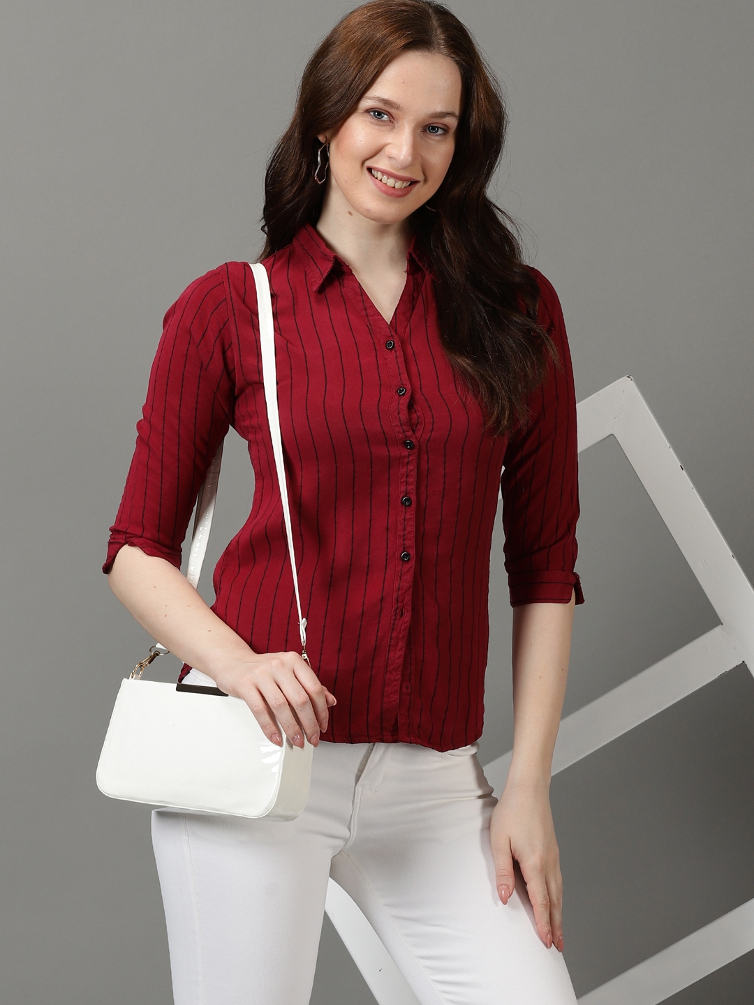 SHOWOFF Women's Spread Collar Striped Three-Quarter Sleeves Magenta Shirt