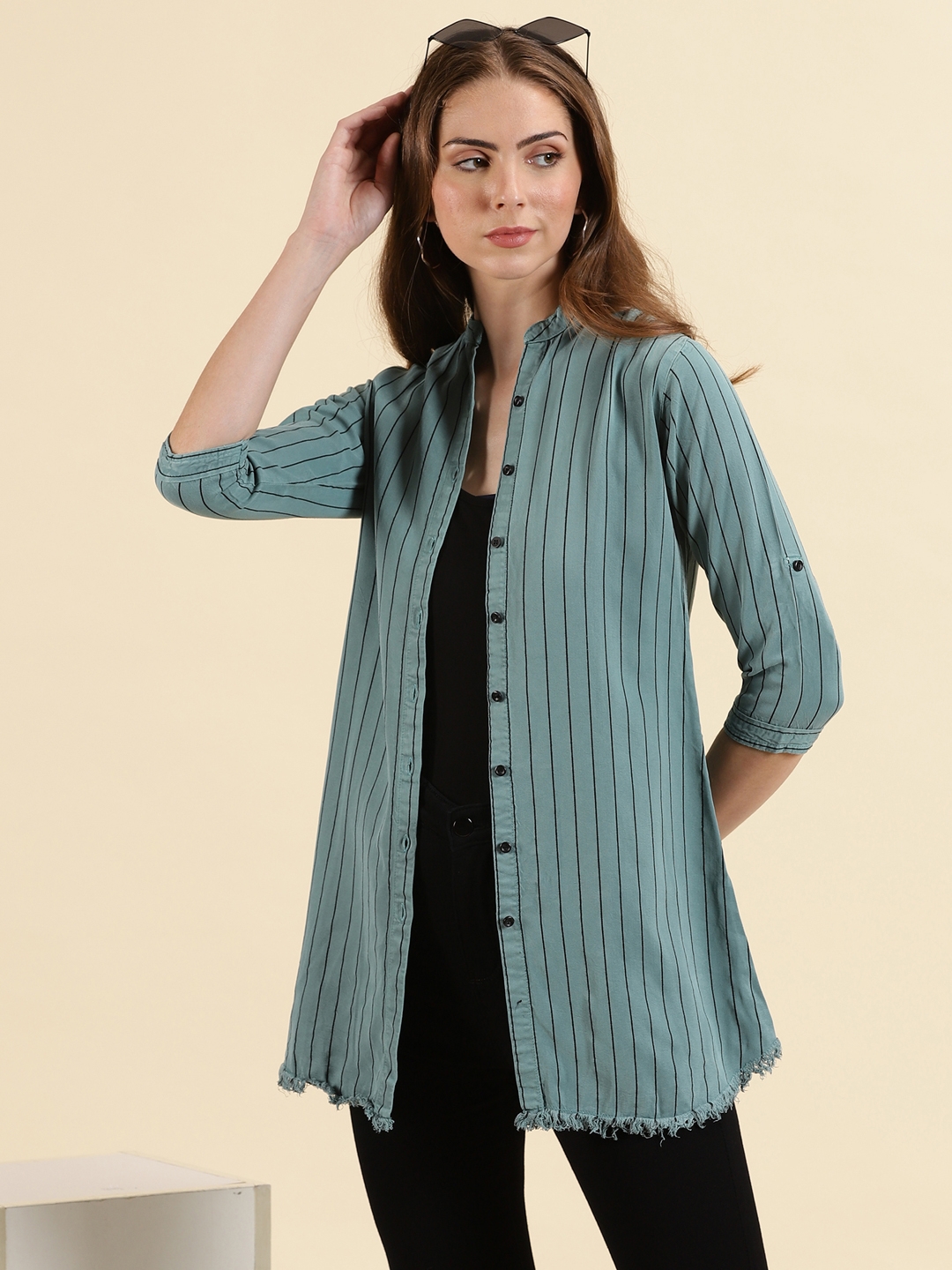 SHOWOFF Women's Mandarin Collar Slim Fit Striped Teal Longline Shirt