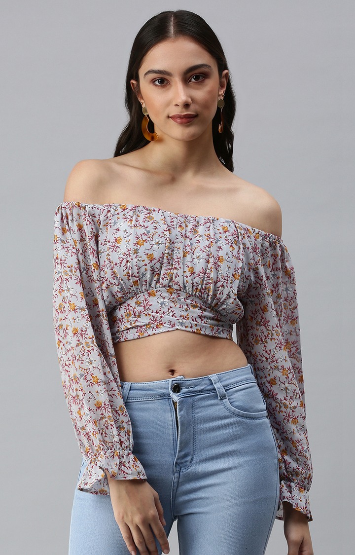 SHOWOFF Women's Off-Shoulder Cuffed Sleeves Printed Grey Top