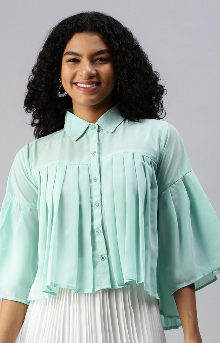 SHOWOFF Women's Three-Quarter Sleeves Shirt Collar Sea Green Solid Top