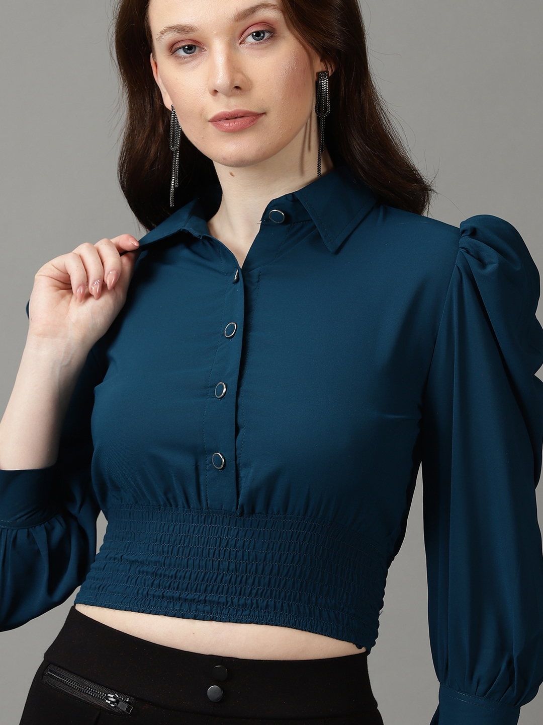 SHOWOFF Women's Shirt Collar Solid Crop Teal Shirt Style Tops